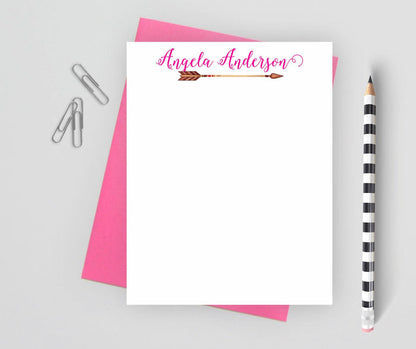Calligraphy boho personalized stationery set with pink envelope.
