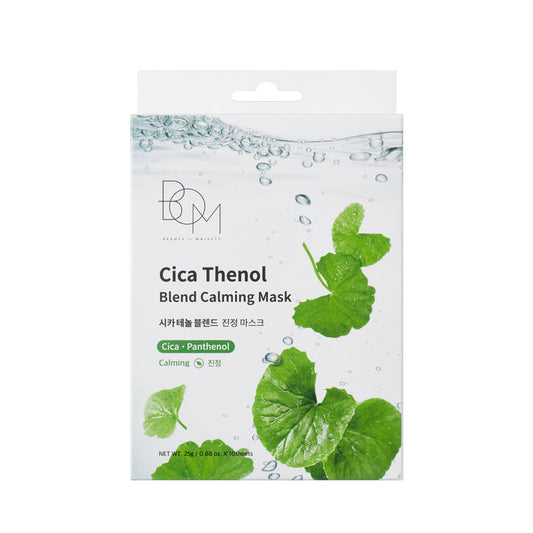 BOM Cica Thenol Blend Calming Mask - raminančios odą lakštinės veido kaukės, 10 vnt