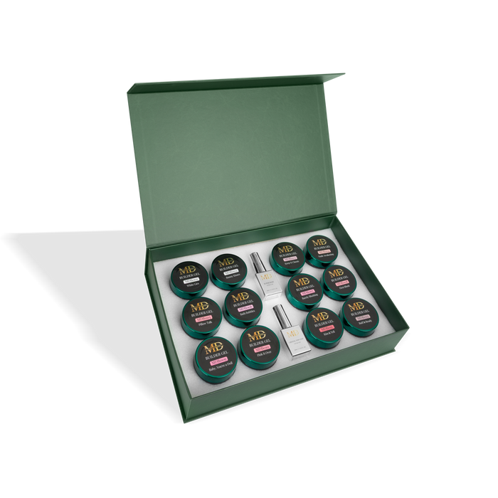 Set of builder gel containers with a green box on a white background