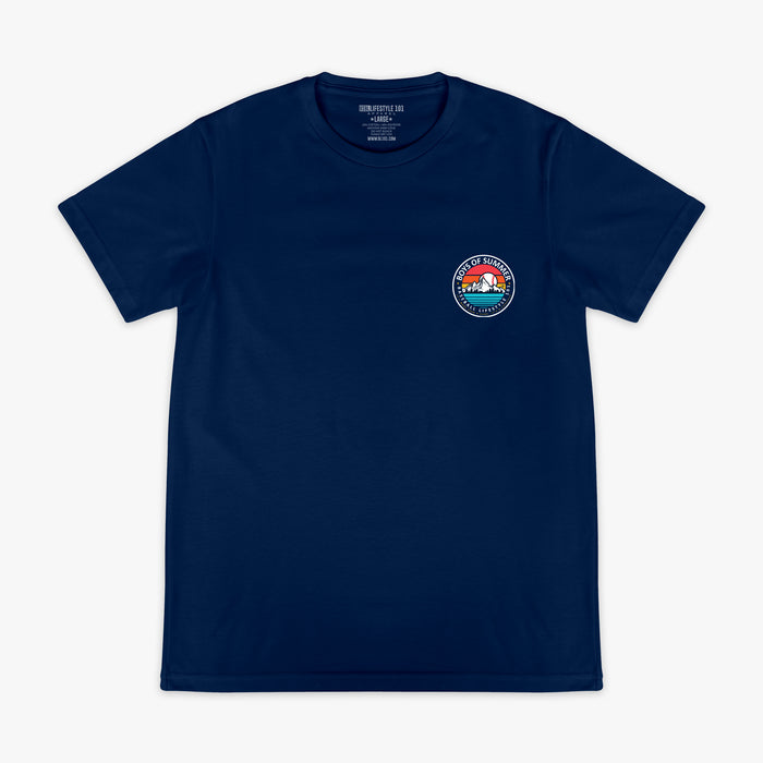 Boys of Summer graphic tee sunrise camping navy baseball shirt