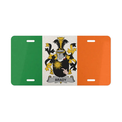 Irish flag license plate featuring the Brady family crest