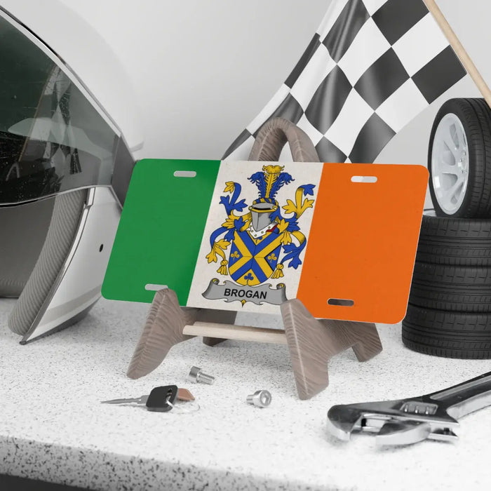 Brogan family crest novelty license plate on an Irish flag background