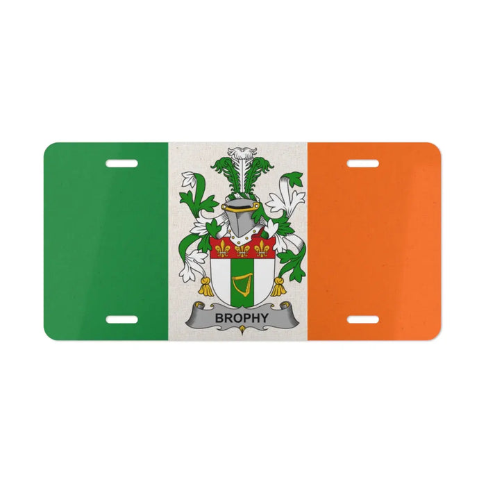 Irish flag license plate featuring the Brophy family crest