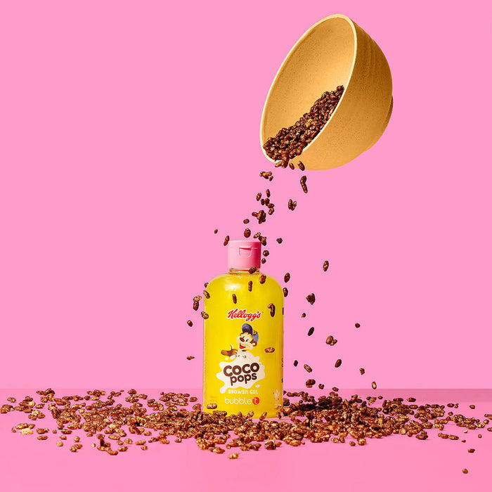 bubble t kellogg’s coco pops shower gel with cereal pouring display, novelty chocolate scented body wash