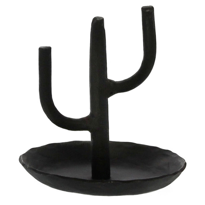 Black cactus ring holder with three ring prongs on a round dish base