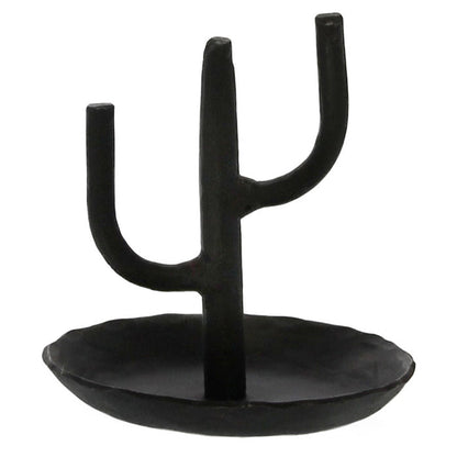 Black cactus ring holder with three ring prongs on a round dish base