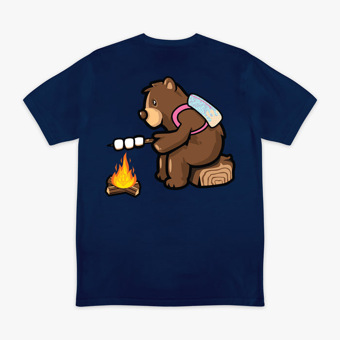 Navy blue graphic tee bear roasting marshmallows camping baseball