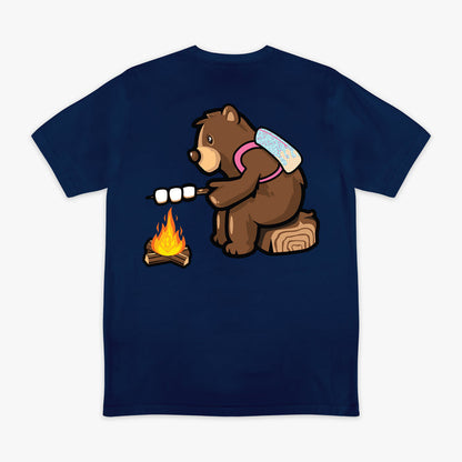 Navy blue graphic tee bear roasting marshmallows camping baseball
