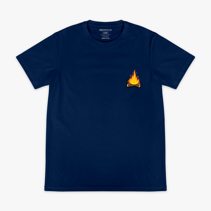 Navy blue campfire graphic tee baseball camping shirt