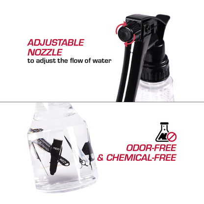 Clear spray bottle for hair with adjustable black nozzle, odor-free and chemical-free design