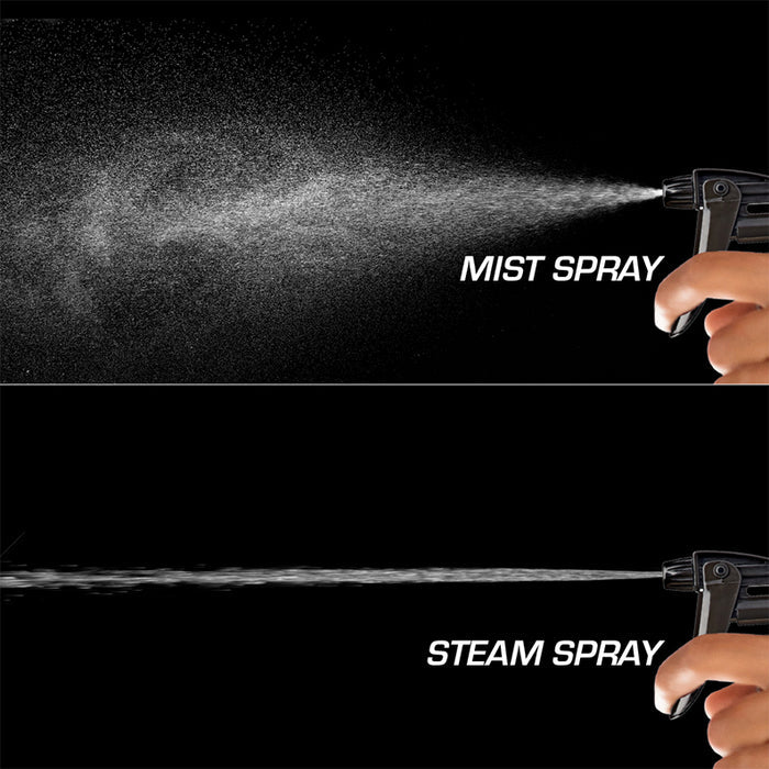 Clear spray bottle for hair demonstrating mist spray and steam spray functions in use