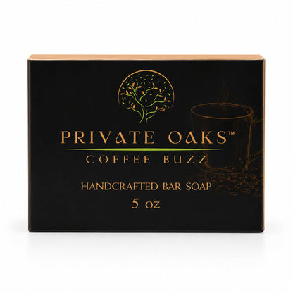 A rectangular black box of Private Oaks Coffee Buzz Handcrafted Bar Soap, 5 oz, featuring gold lettering and a tree logo on a white background.
