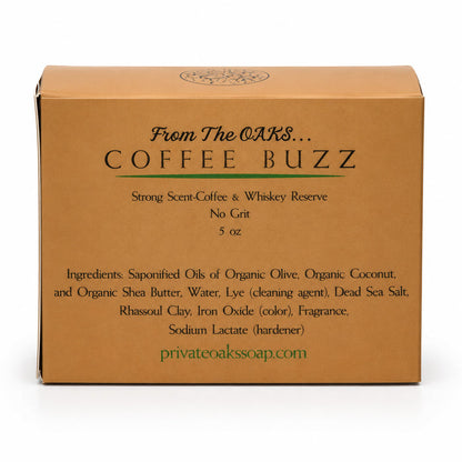 A square kraft paper box for Private Oak Soap's 'Coffee Buzz' scent, featuring black and green text on a clean white background.