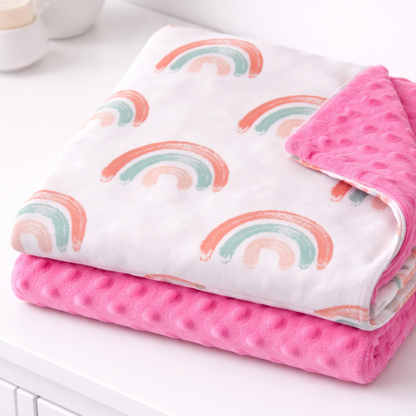 Pink and white baby blanket with rainbow pattern on a white surface