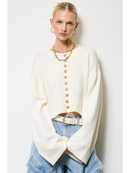 Cream Button Front Cropped Knit Cardigan