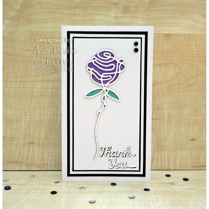 Creative Expressions - Craft Dies One-Liner Collection - Thank You. This single die set will add a perfect finishing touch to cards and so much more. The set has been designed with just single lines creating the elegant wording. Single die 7.3 x 1.3 cm.  • Elegant single line creates the wording. • Single die set. • Size: 2.9 x 0.5 inches Available at Embellish Away located in Bowmanville Ontario Canada. Card design by Alison Carubia.