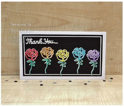 Creative Expressions - Craft Dies One-Liner Collection - Thank You. This single die set will add a perfect finishing touch to cards and so much more. The set has been designed with just single lines creating the elegant wording. Single die 7.3 x 1.3 cm.  • Elegant single line creates the wording. • Single die set. • Size: 2.9 x 0.5 inches Available at Embellish Away located in Bowmanville Ontario Canada. Card design by Alison Carubia.