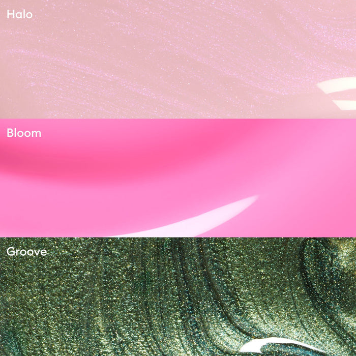 Manucurist’s Curated Trios features three horizontal bands in abstract, shimmery, and swirled textures: Halo (light pink), Bloom (bright pink), and Groove (dark green)—ideal for creative manicure inspiration.