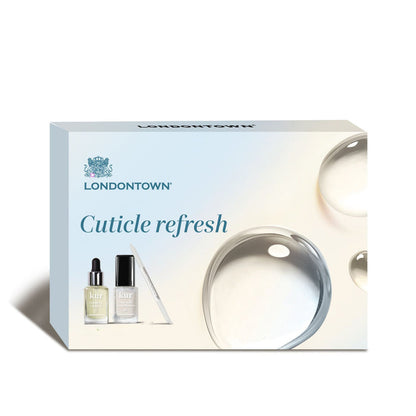 A LONDONTOWN Cuticle Refresh box contains a cuticle kit with two nail care bottles and a nail file for cuticle care, featuring water droplet graphics on the packaging.