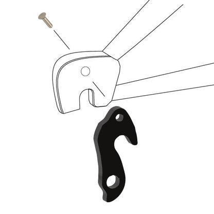 Hanger #100 attaches to the frame's rear dropout from the outside or derailleur side using a M6x10 flat head screw.