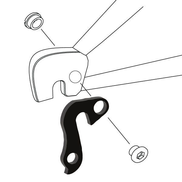 Hanger #103 attaches to the rear dropout from the outside or derailleur side using one M8 chainring bolt.