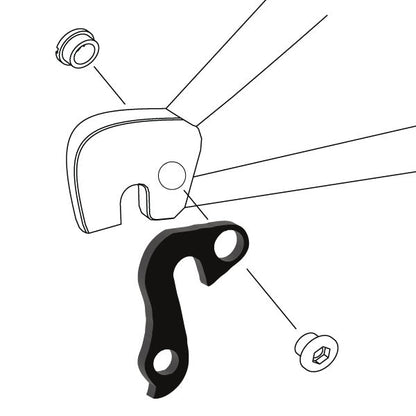 Hanger #103 attaches to the rear dropout from the outside or derailleur side using one M8 chainring bolt.