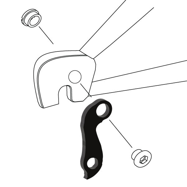 Hanger #104 attaches to the rear dropout from the outside or derailleur side using one M8 chainring bolt.
