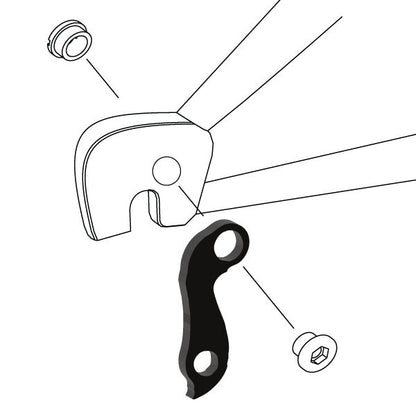 Hanger #104 attaches to the rear dropout from the outside or derailleur side using one M8 chainring bolt.
