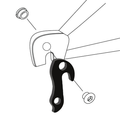 Hanger #105 attaches to the rear dropout from the outside or derailleur side using one M8 chainring bolt.