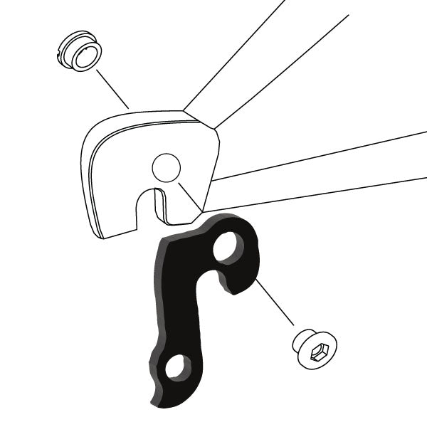 Hanger #107 attaches to the rear dropout from the outside or derailleur side using one M8 chainring bolt.
