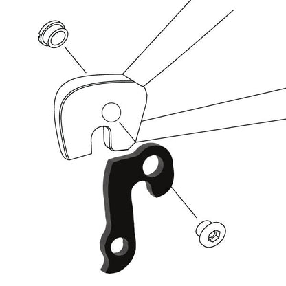 Hanger #107 attaches to the rear dropout from the outside or derailleur side using one M8 chainring bolt.