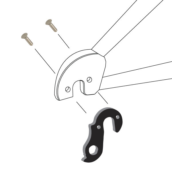 Hanger #166 attaches to the frame's rear dropout from the outside, or derailleur side using two M4x8 flat head screws.