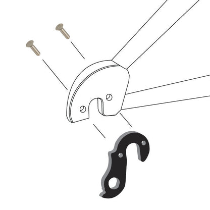 Hanger #166 attaches to the frame's rear dropout from the outside, or derailleur side using two M4x8 flat head screws.