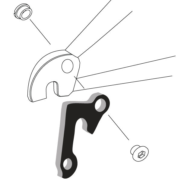 Hanger #2 attaches to the rear dropout from the outside or derailleur side using one M8 chainring bolt.