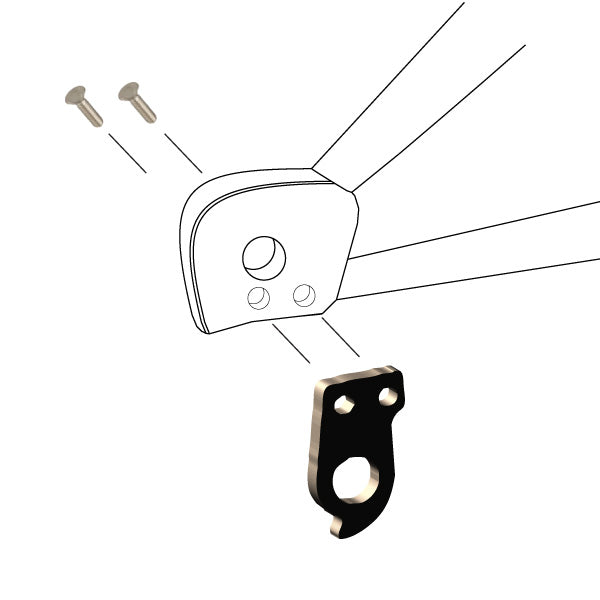 Hanger #236 attaches to the frame's rear dropout from the outside, or derailleur side using two M4x8 screws.