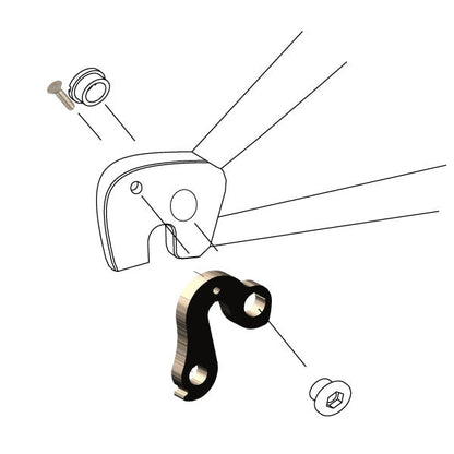 Hanger #240 attaches to the frame's rear dropout from the outside, or derailleur side using one M4x8 screw and one chainring bolt