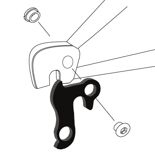 Hanger #74 attaches to the rear dropout from the outside or derailleur side using one M8 chainring bolt.
