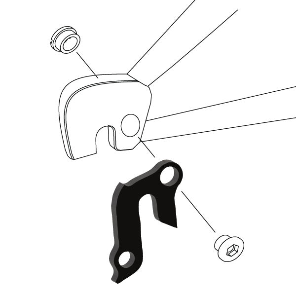 Hanger #82 attaches to the rear dropout from the outside or derailleur side using one M8 chainring bolt.
