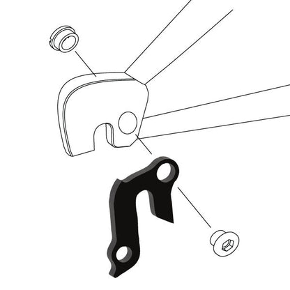 Hanger #82 attaches to the rear dropout from the outside or derailleur side using one M8 chainring bolt.