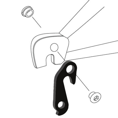 Hanger #98 attaches to the rear dropout from the outside or derailleur side using one M8 chainring bolt.