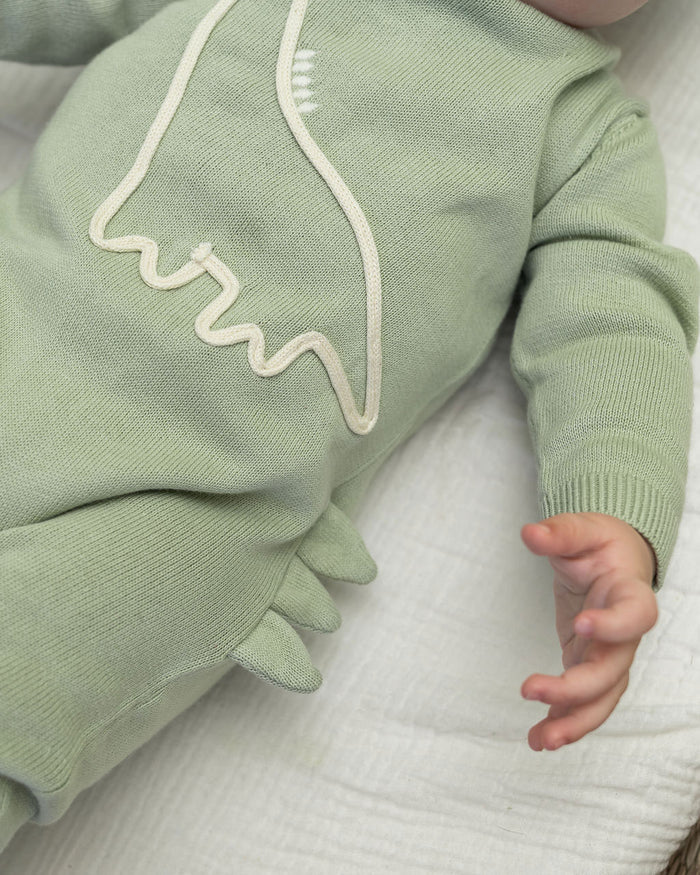 Dino Embroidered Baby Knit Jumpsuit (Organic Cotton) Texture Detail