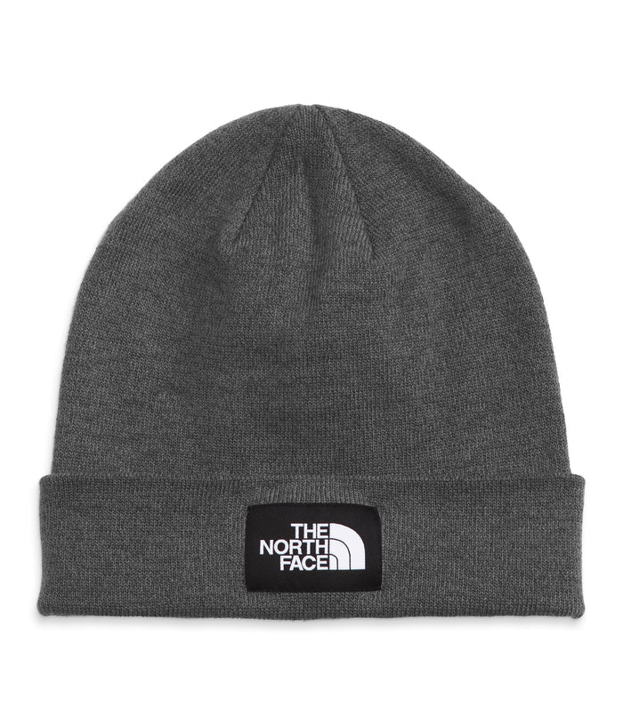 Gray knit beanie with The North Face logo on a white background