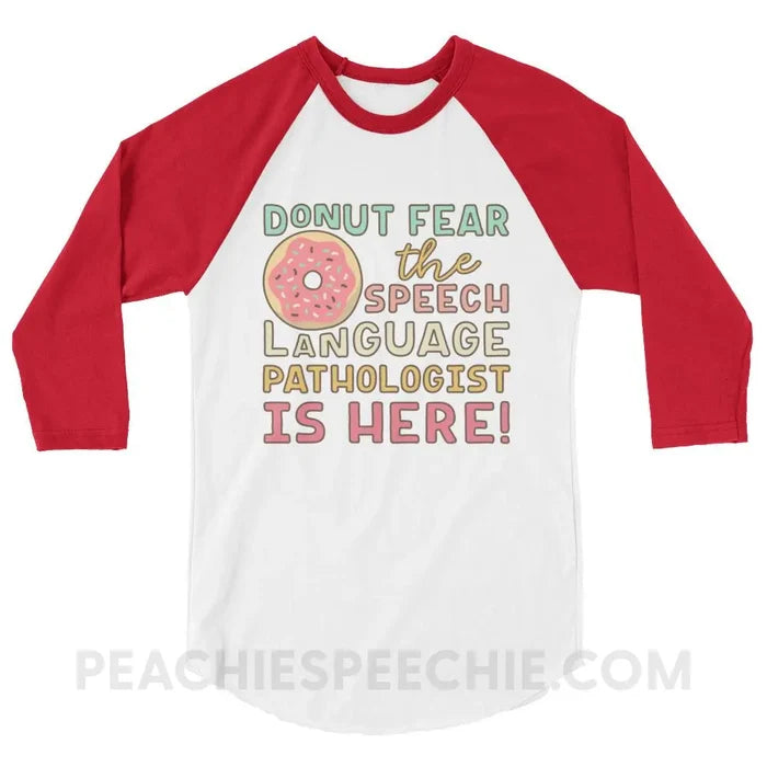 Donut Fear The SLP Is Here Baseball Tee - White/Red / XS - T-Shirts & Tops peachiespeechie.com