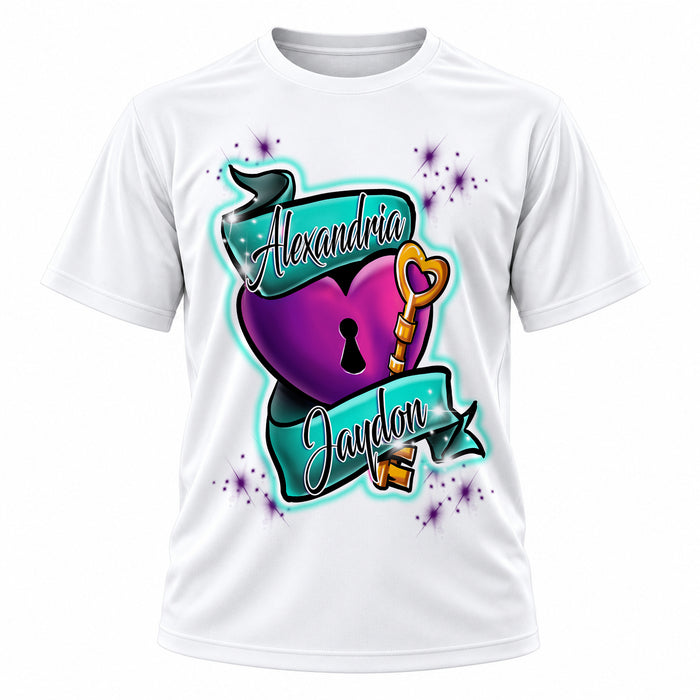 Personalized Keyed Heart Ribbon T-Shirt, front-view T-shirt mockup featuring custom Air-Volution artwork by Mythic Airbrush