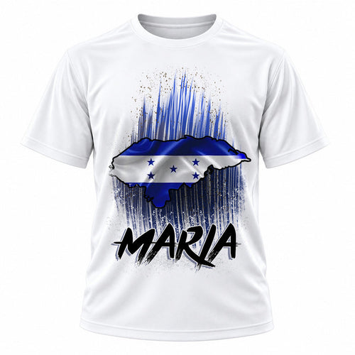 Personalized Honduras Flag Heart T-Shirt, front-view T-shirt mockup featuring custom Air-Volution artwork by Mythic Airbrush