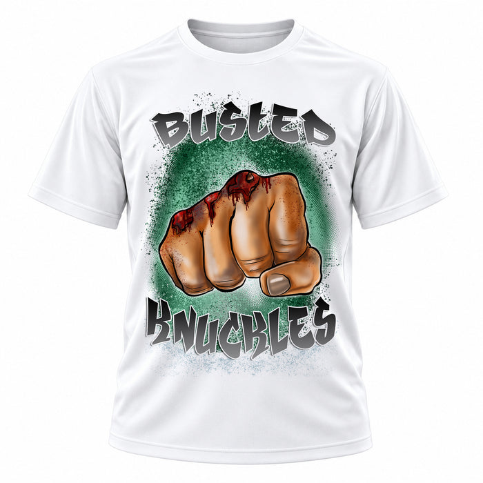 Personalized Busted Knuckles T-Shirt, front-view T-shirt mockup featuring custom Air-Volution artwork by Mythic Airbrush