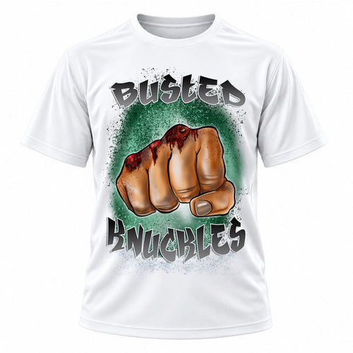 Personalized Busted Knuckles T-Shirt, front-view T-shirt mockup featuring custom Air-Volution artwork by Mythic Airbrush