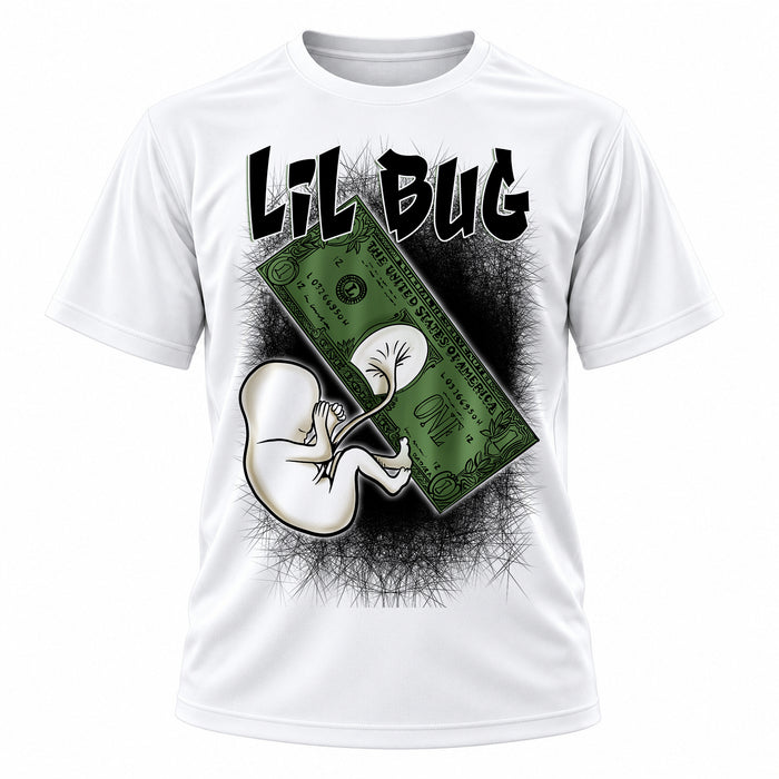 Personalized Baby Money Girl T-Shirt, front-view T-shirt mockup featuring custom Air-Volution artwork by Mythic Airbrush