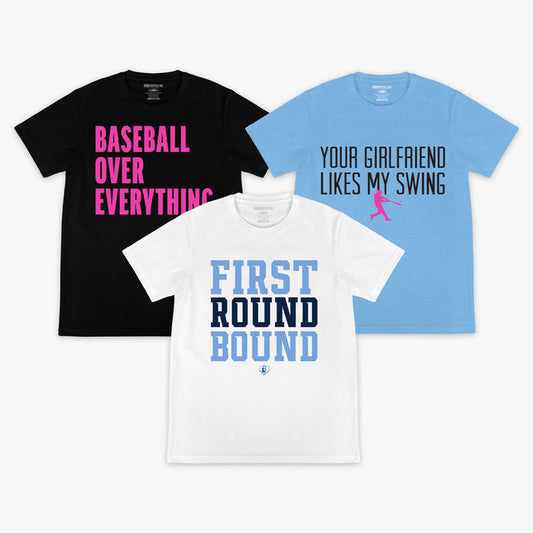 Adult model wearing t with “First Round Bound T-Shirt Bundle” design