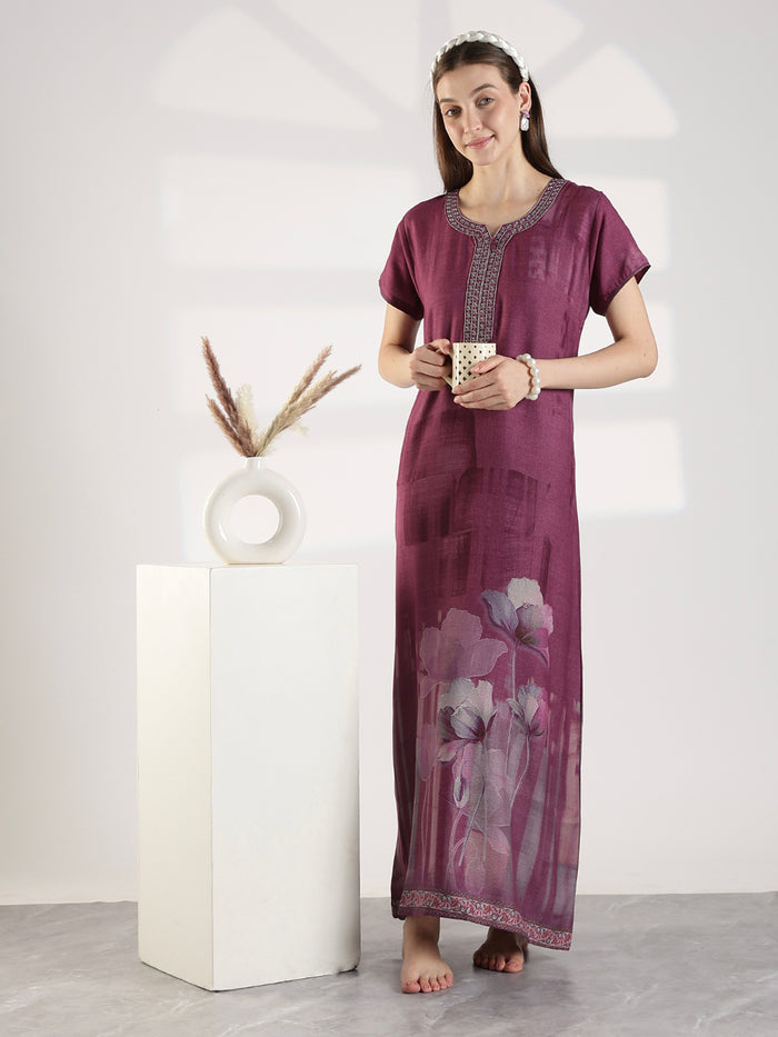 Floral Alpine Nighty for Women with Embroidered Neck Purple